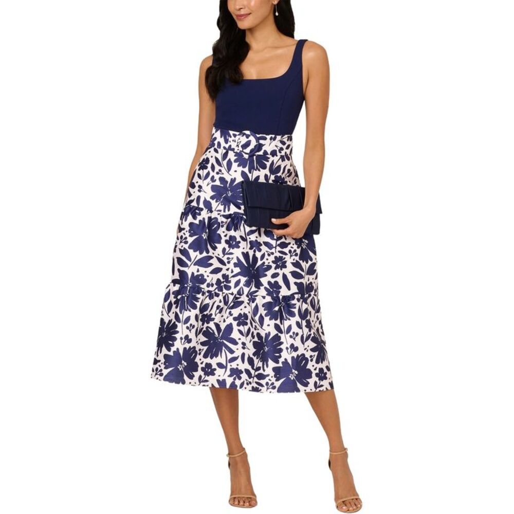 Adrianna Papell Womens Mixed-Media Sleeveless Midi Dress 14 Navy/Ivory  NWT $189